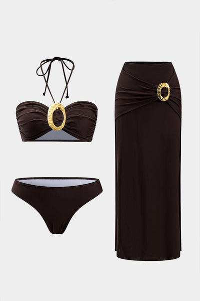 Metallic Ruched Tie Up Bikini And Cover Mayo Seti