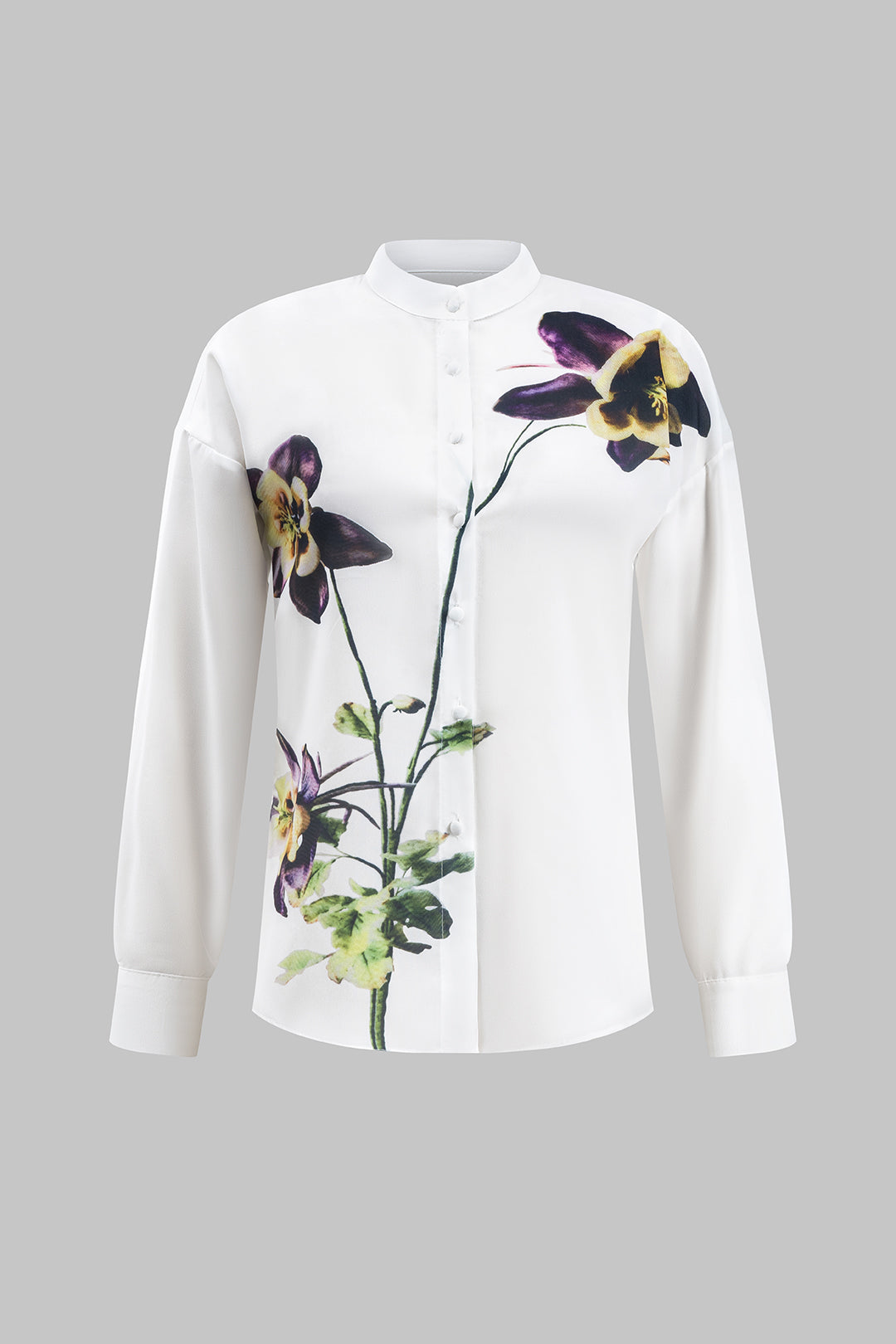 Floral Print Button Long-Sleeve Gömlek