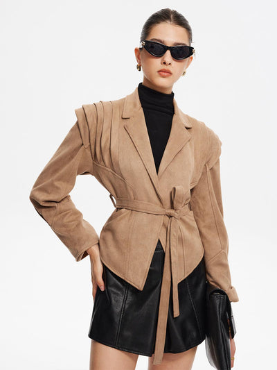 Camel Sculpted Suede Ceket