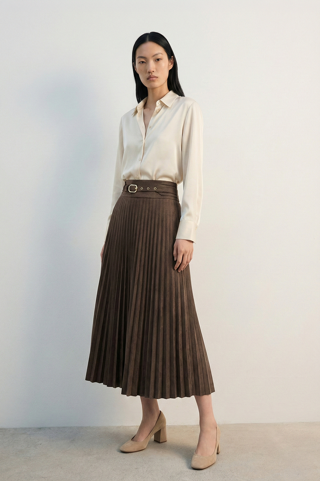 Kemerli Pileli Midi Etek 