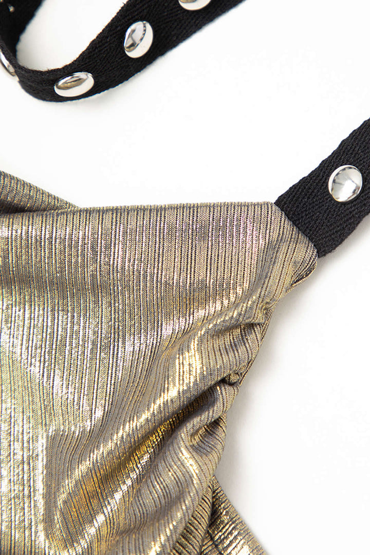 Metallic V-hem Halter Crop