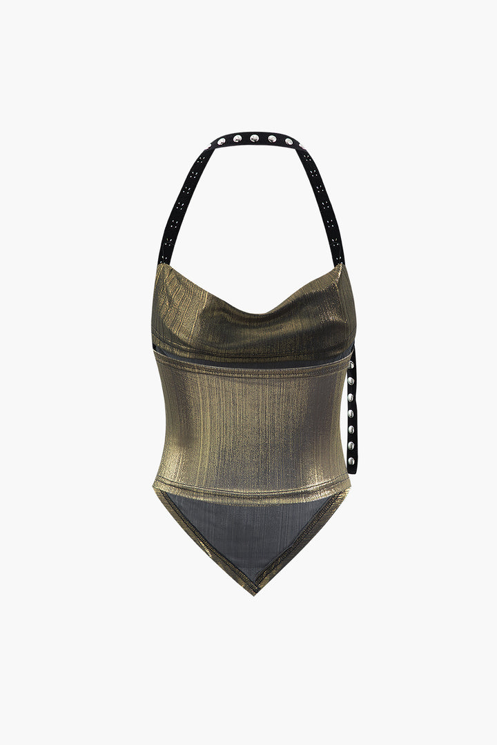 Metallic V-hem Halter Crop