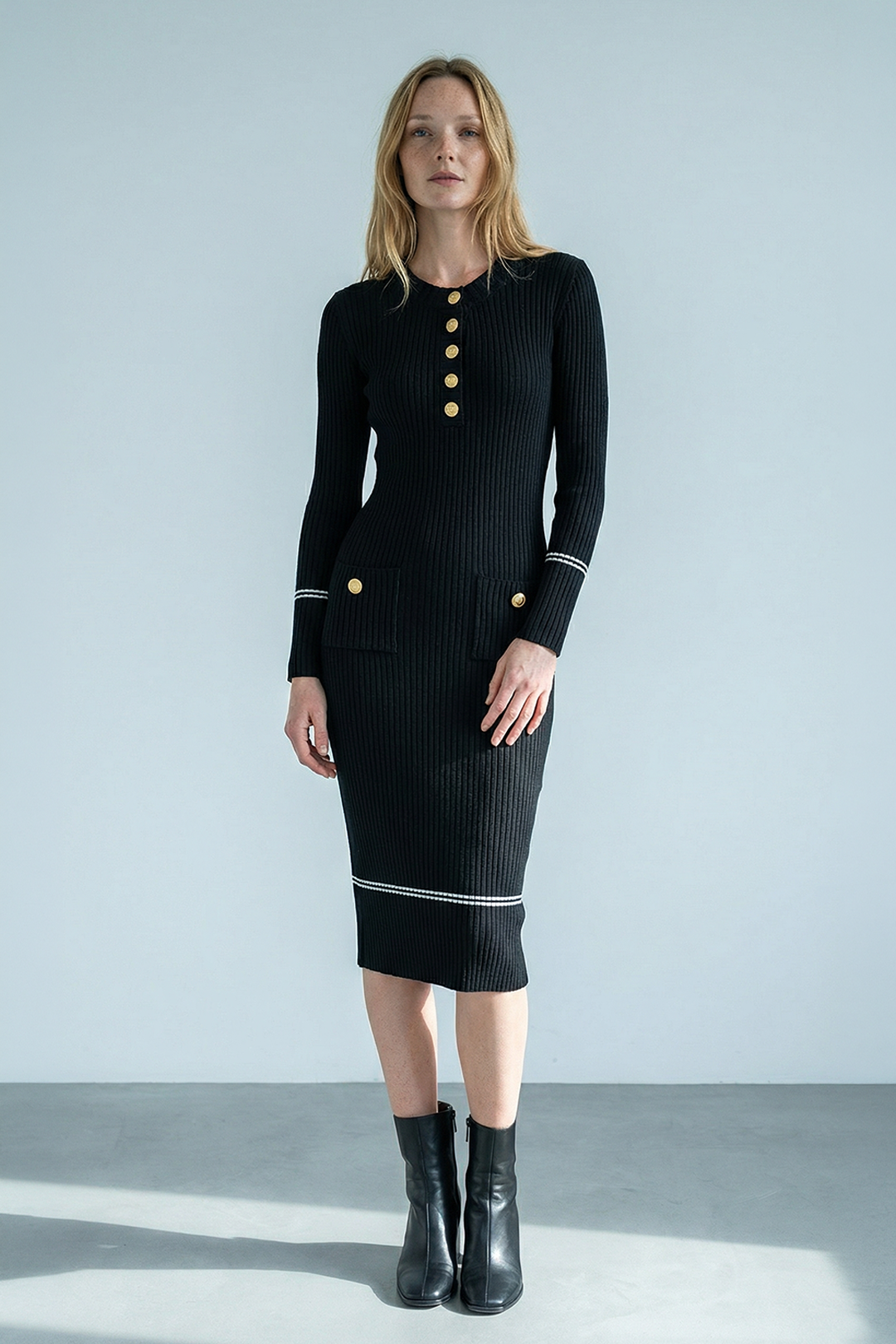 Düğme Detaylı Örme Elbise 