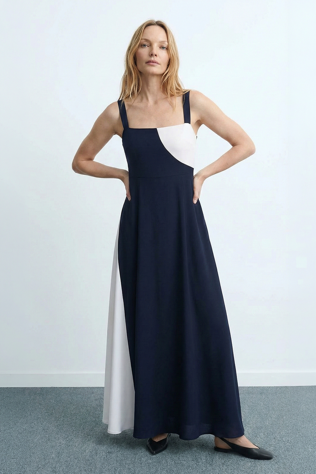 Renk Bloklu Maksi Elbise 