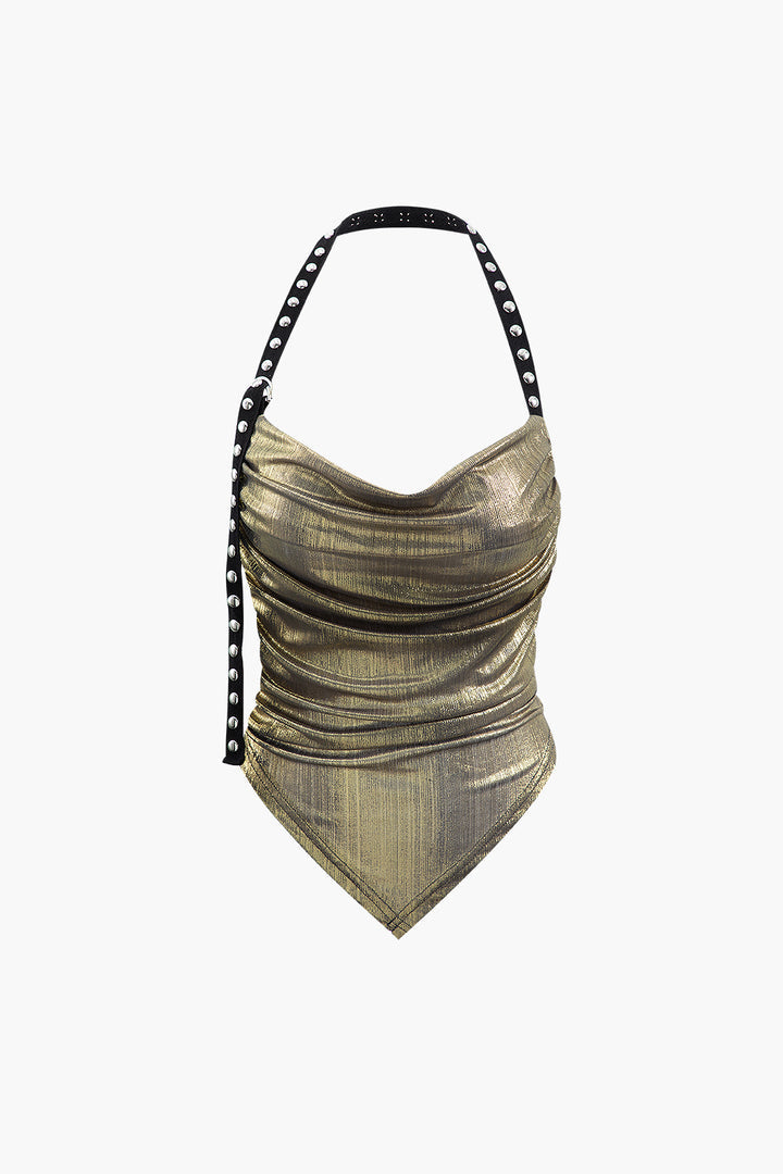 Metallic V-hem Halter Crop