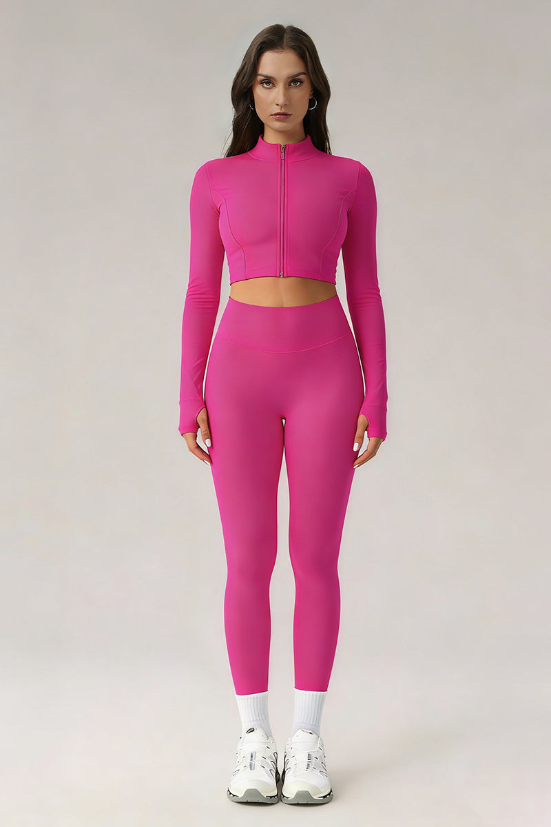 Women's Sports Sets:Stand Collar Cropped Jacket And Leggings