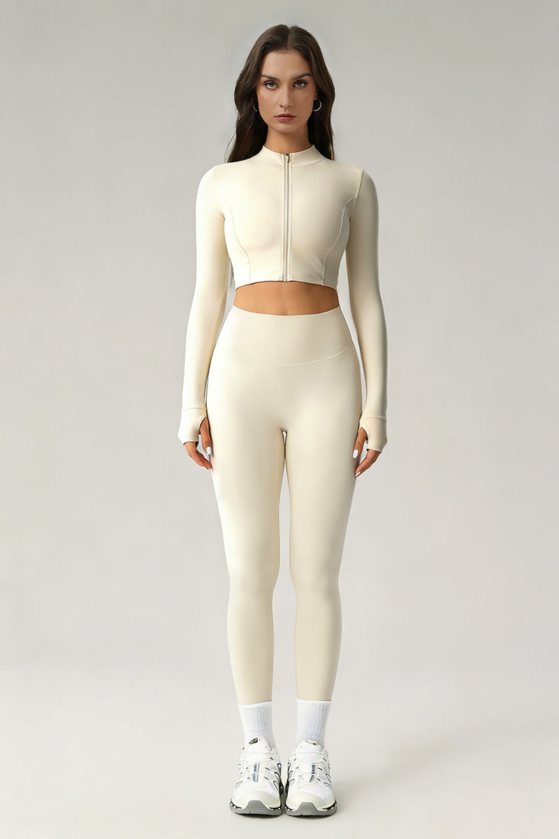 Women's Sports Sets:Stand Collar Cropped Jacket And Leggings