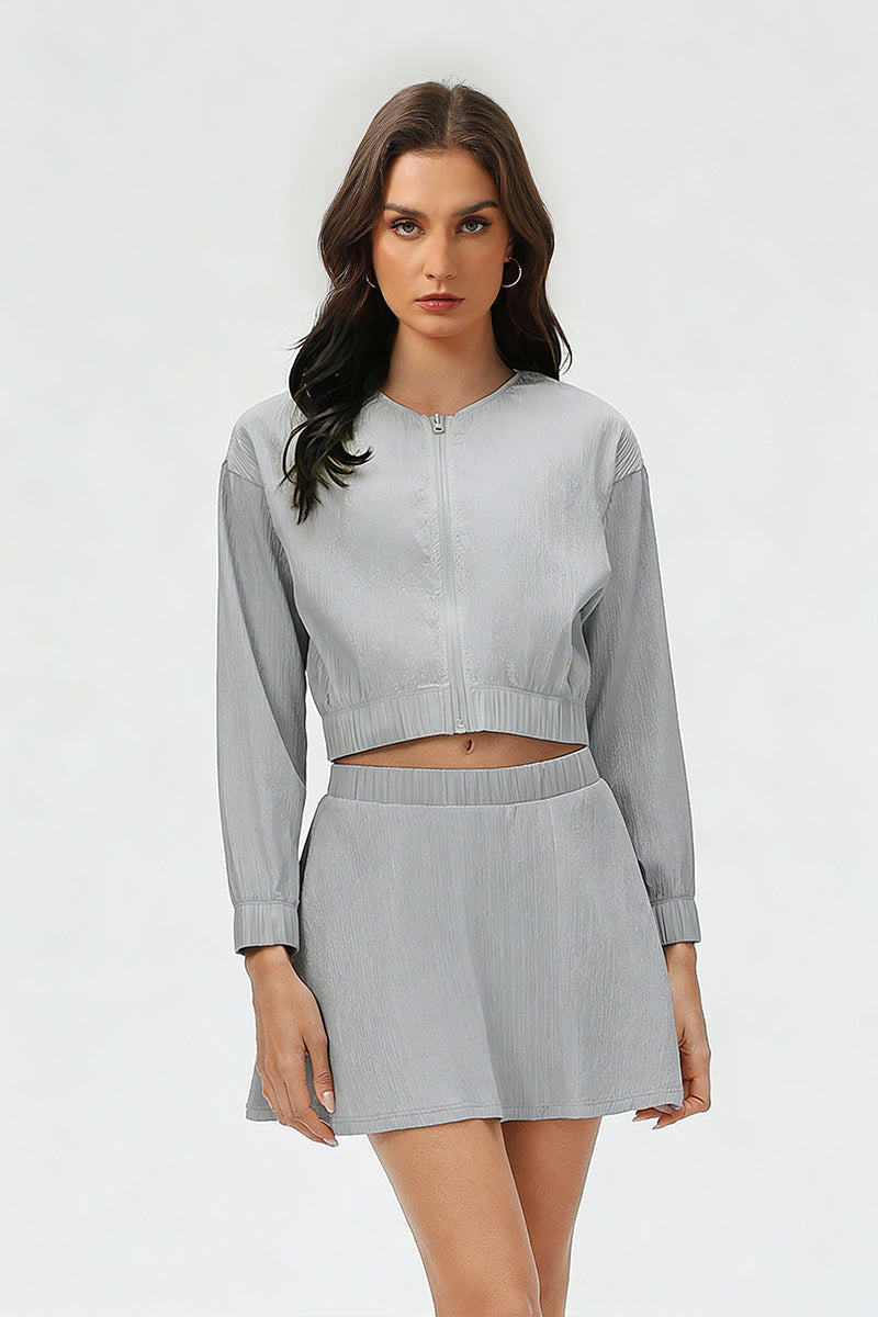 Women's Summer Set:Cropped Full Zipper Jacket And Skirt