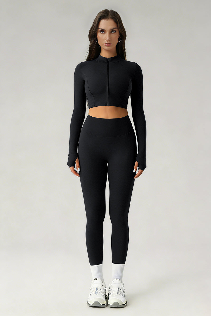 Women's Sports Sets:Stand Collar Cropped Jacket And Leggings