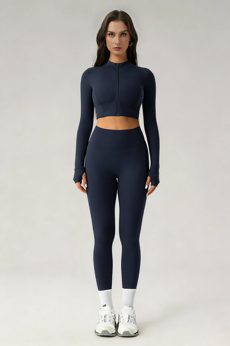Women's Sports Sets:Stand Collar Cropped Jacket And Leggings