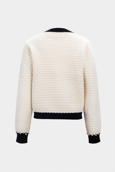 Pearl-Trimmed Contrast Elegant Knit Jacket