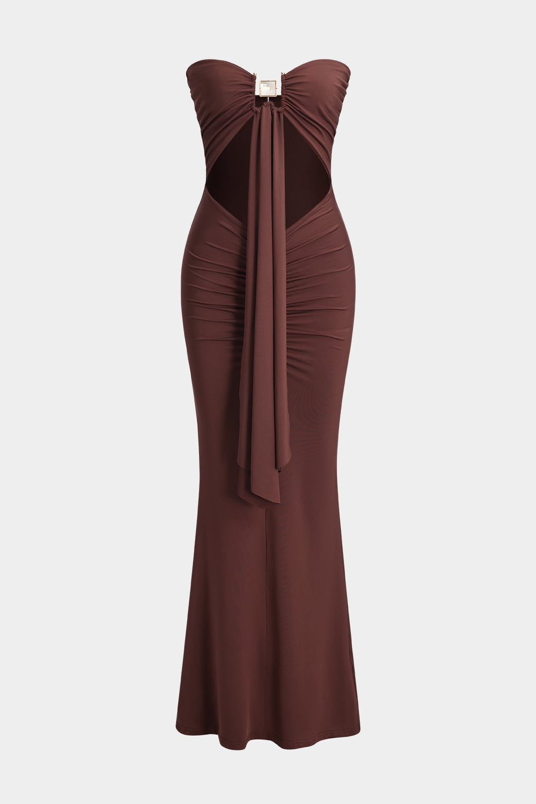 Metallic Decor Ruched Strapless Maxi Elbise