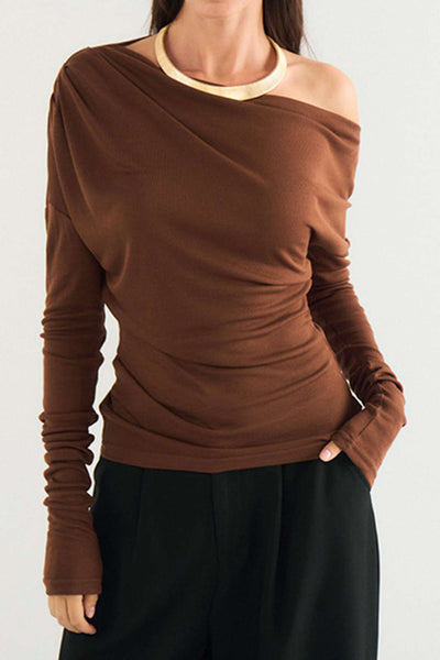 Asymmetry Shoulder Ruched Long-Sleeve Üst