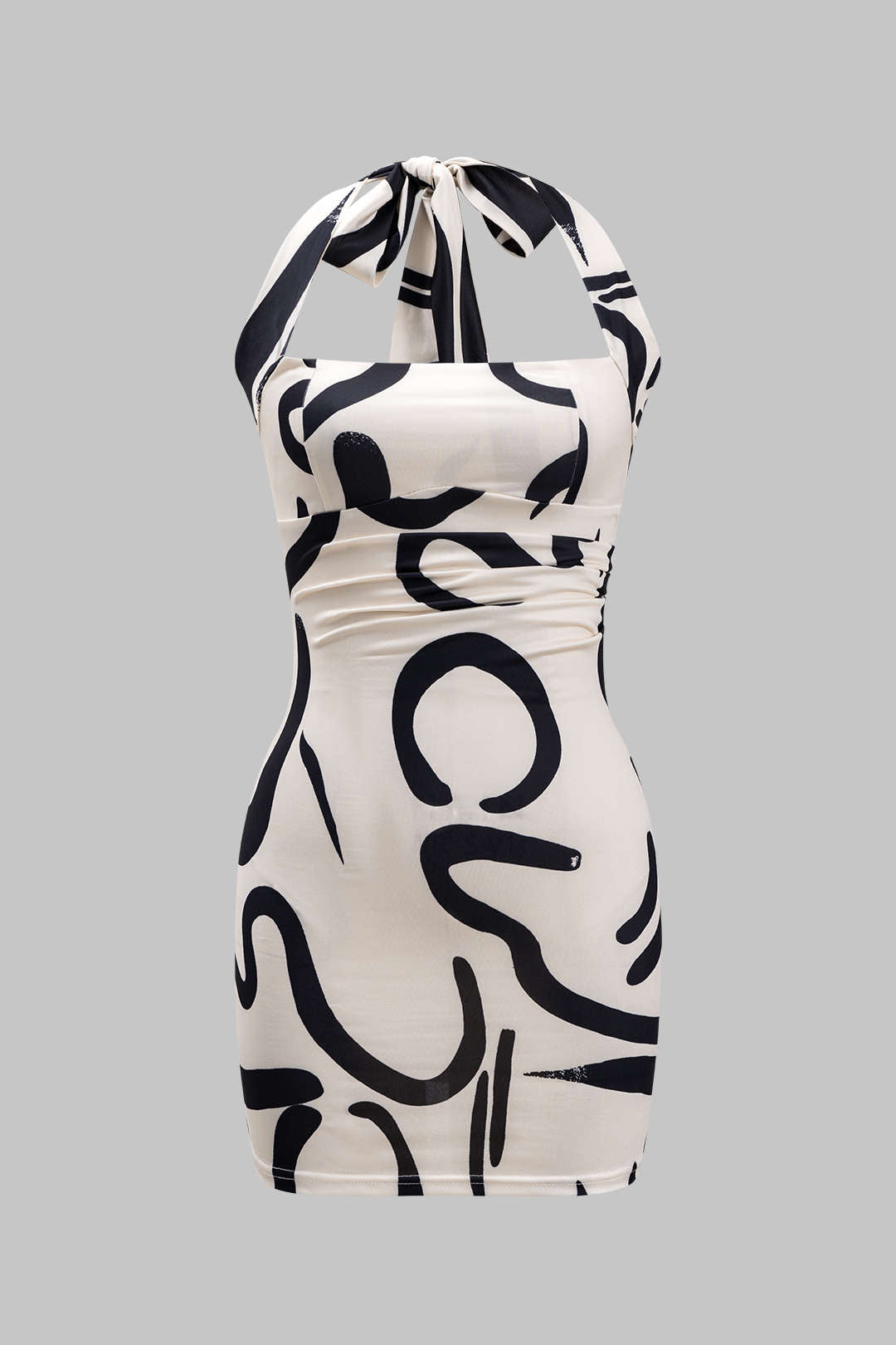 Abstract Print Tie Up Zipper Backless Mini Elbise