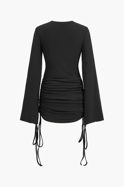 Round Neck Ruched Drawstring Bell Long Sleeve Mini Dress