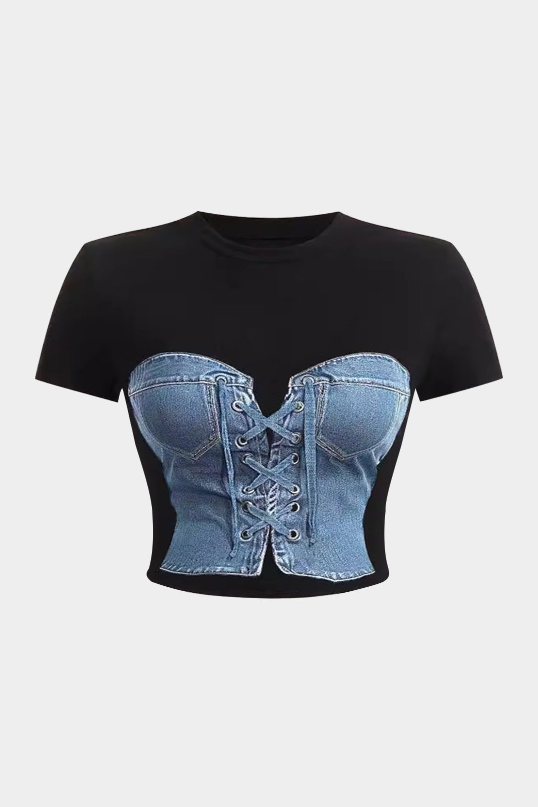 Patchwork Drawstrings Bustier Kısa Kollu Crop