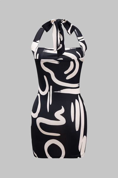 Abstract Print Tie Up Zipper Backless Mini Elbise