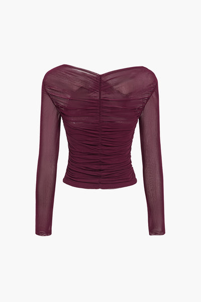 Solid Sheer Mesh Ruched Long Sleeve Top