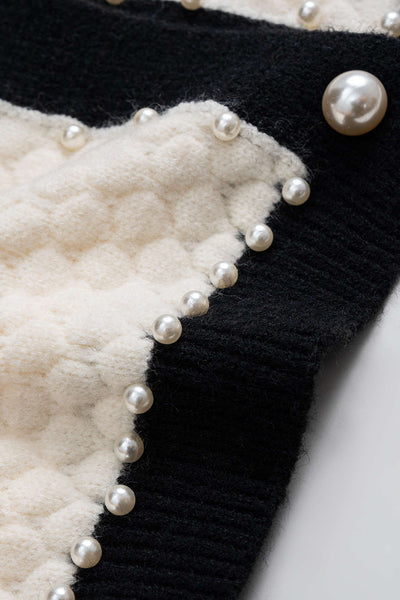 Pearl-Trimmed Contrast Elegant Knit Jacket