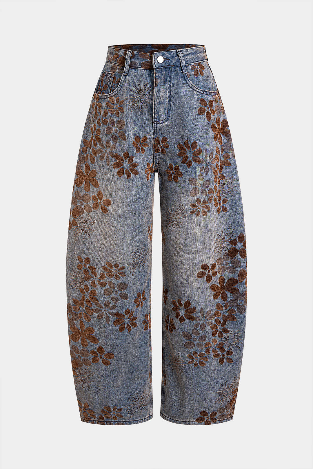 Çiçek Desenli Geniş Paçalı Kot Pantolon