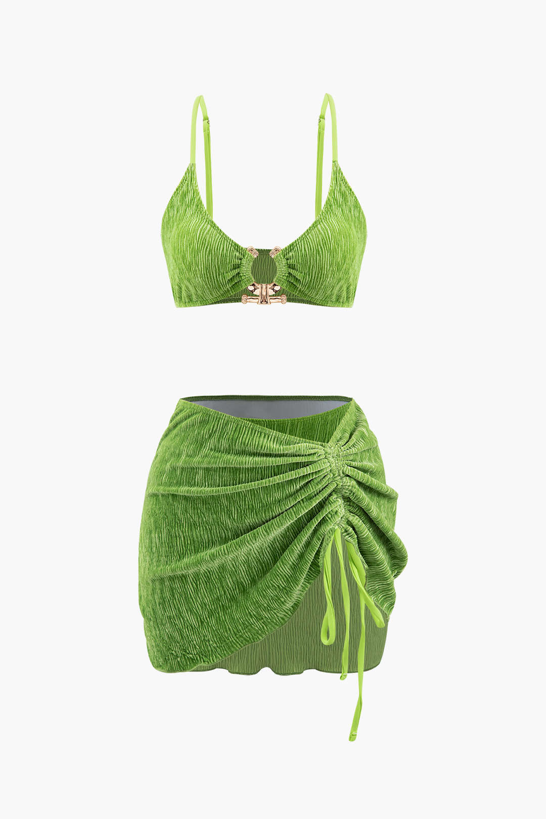 Velvet Textured U-ring Bikini And Sarong 3'lü Set