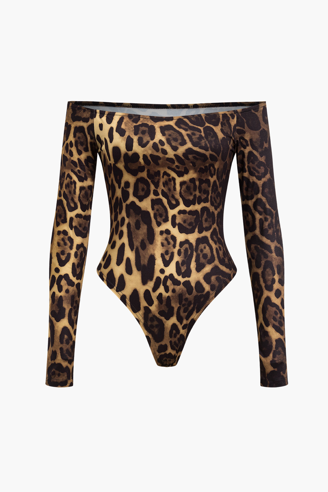 Leopard Print Off Shoulder Uzun Kollu Bodysuit