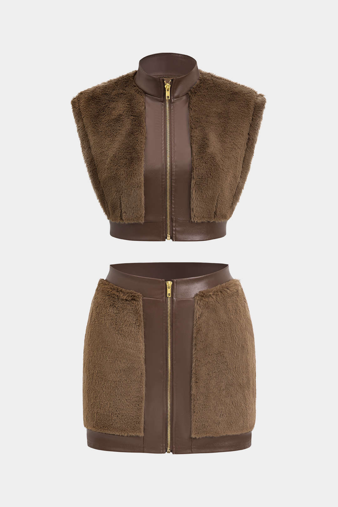 Fusion Fur &amp; Leather Detailed Crop &amp; Mini Skirt Set