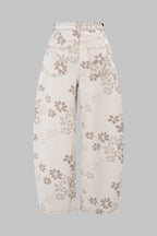 Çiçek Desenli Geniş Paçalı Kot Pantolon