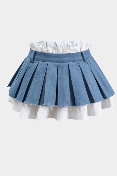 Contrast Denim Pleated Patchwork Etek