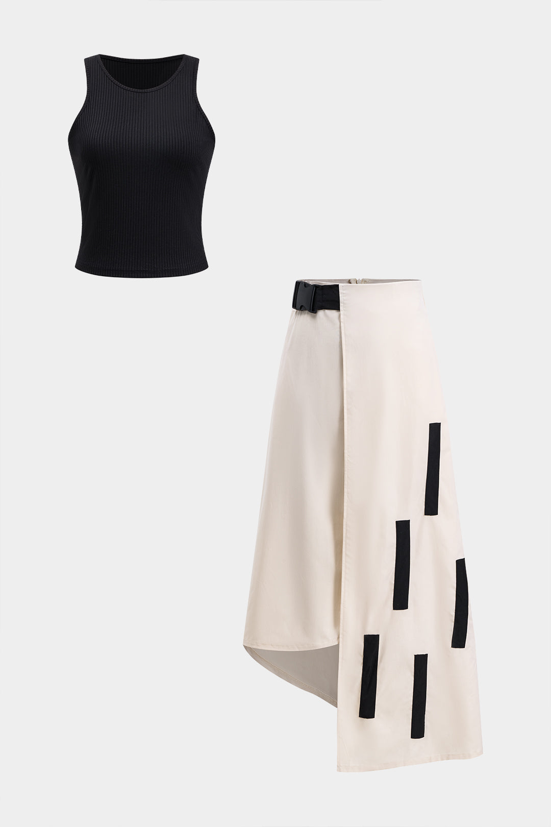 Monochrome Edge Asymmetrical Skirt &amp; Black Crop Set