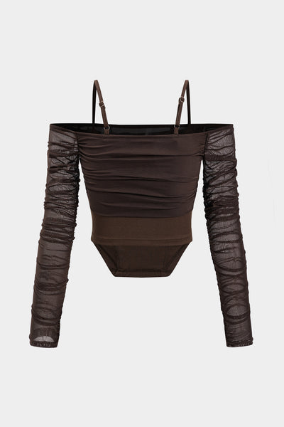 Mesh Sheer Ruched Long-Sleeve Slip Corset Crop