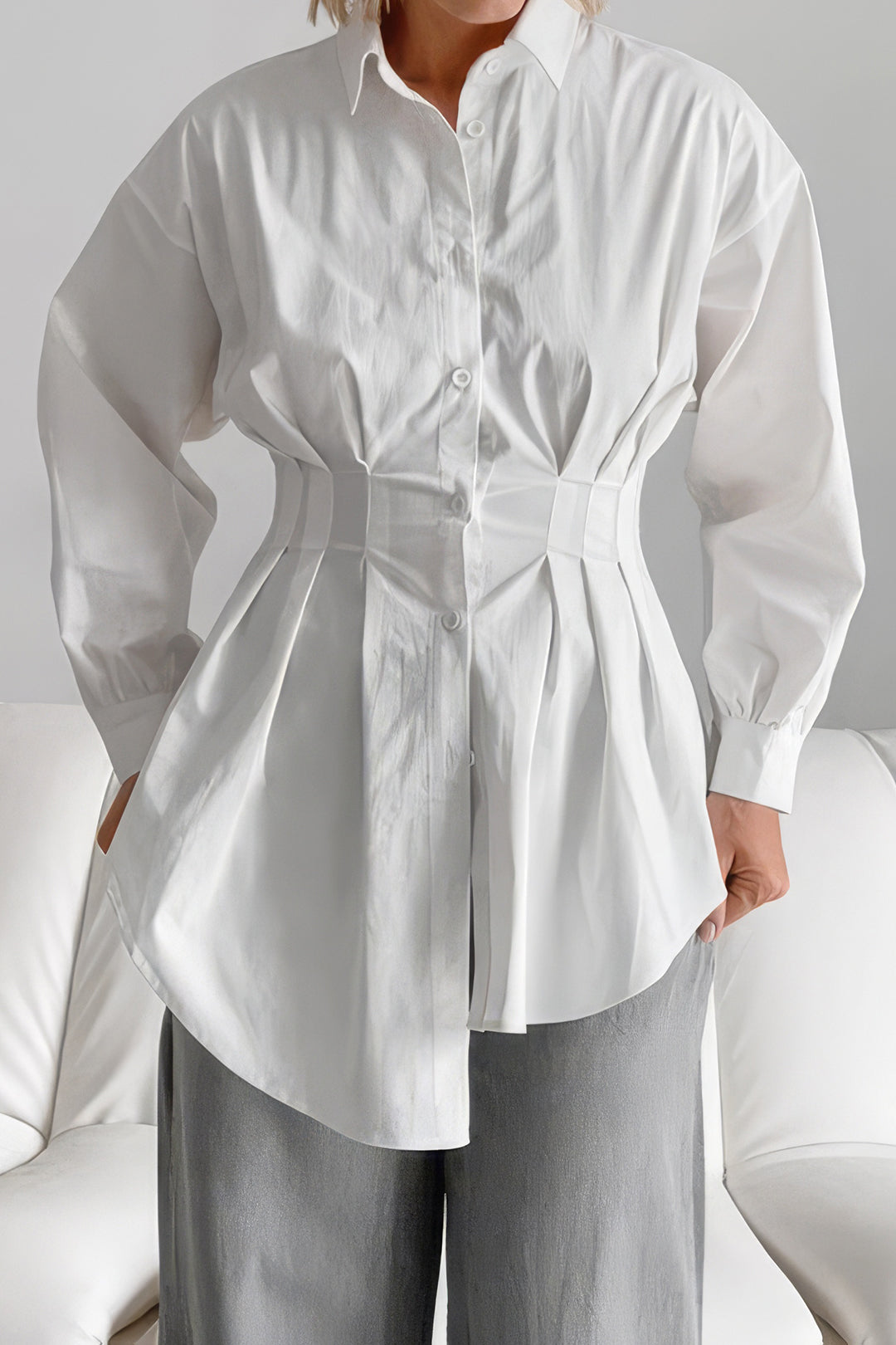 Ruched Button Long-Sleeve Blouse