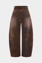 Çiçek Desenli Geniş Paçalı Kot Pantolon