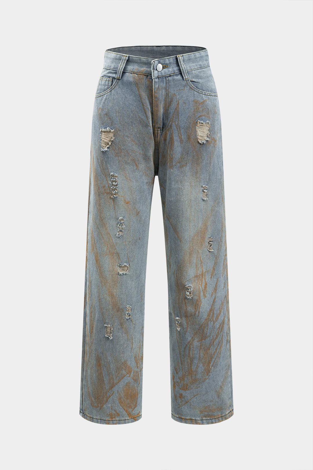 Ripped Denim Button Pocket Wide Leg Kot pantolon