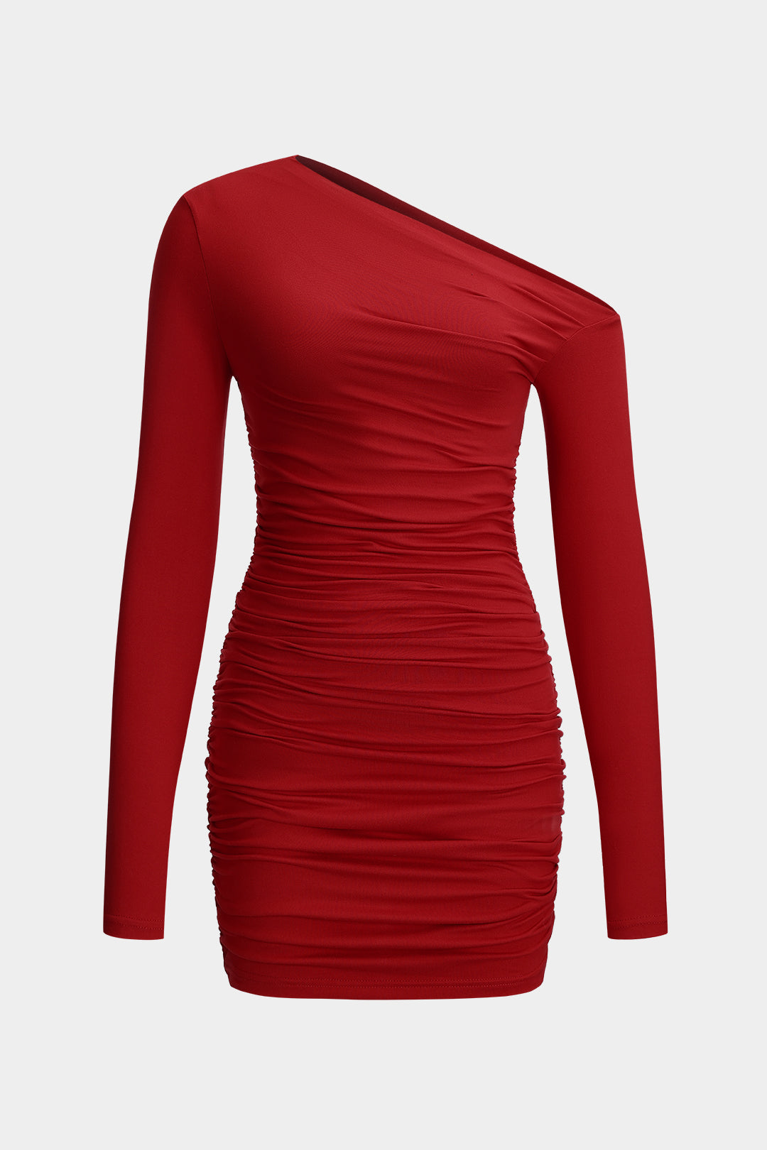 Ruched Asymmetry Neck Long Sleeve Mini Elbise