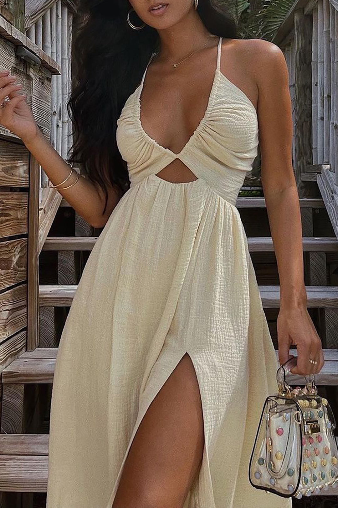 Backless V-neck Midi Elbise