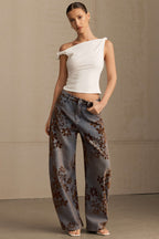 Çiçek Desenli Geniş Paçalı Kot Pantolon