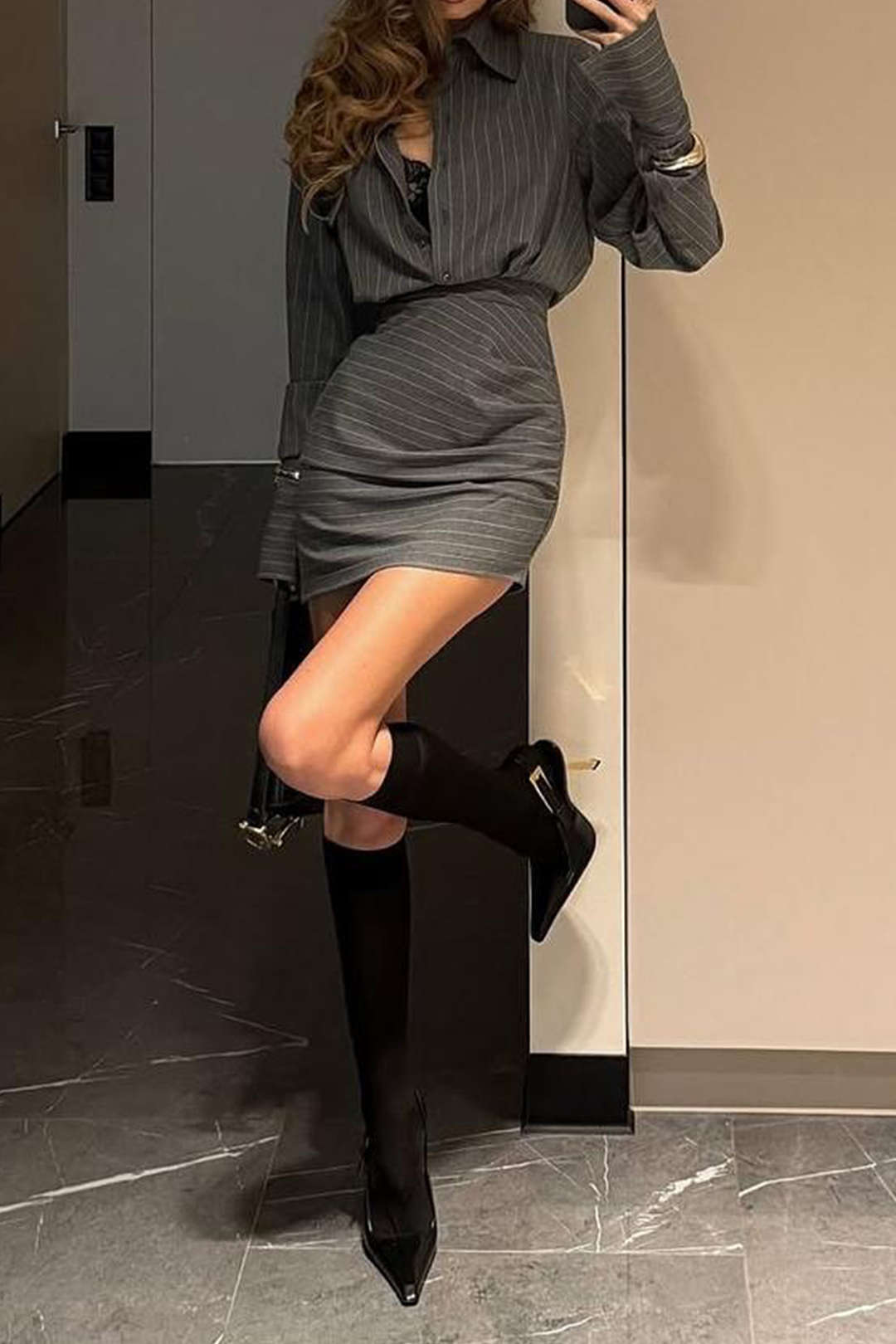 Pinstripe Charm Tie Shirt &amp; Mini Skirt Set