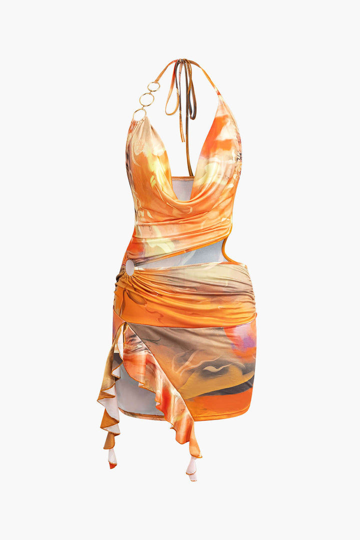 Abstract Print Halter Elbise