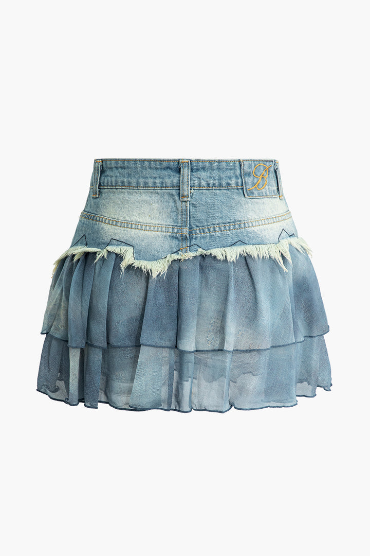 Mesh Patchwork Denim Skirt